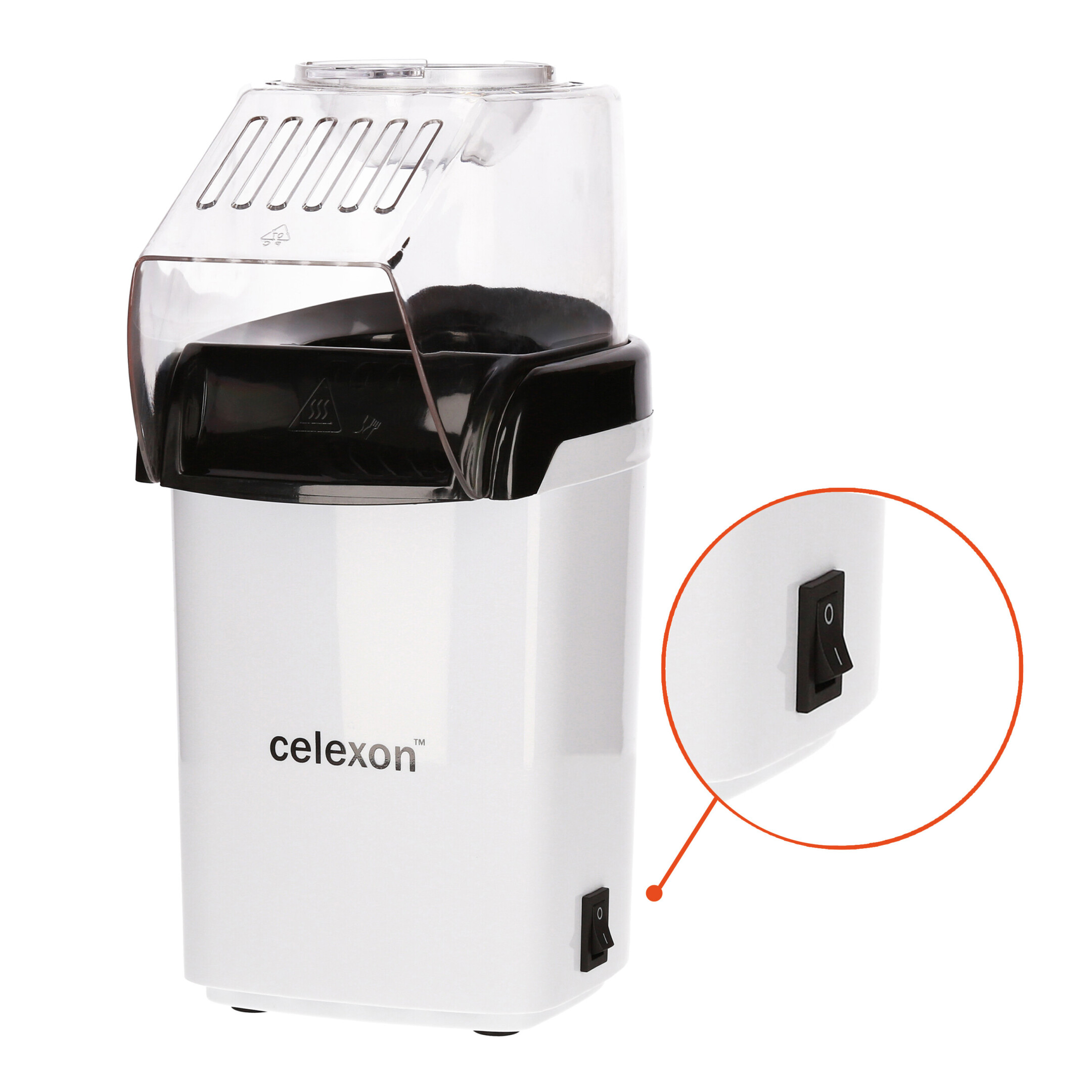 Weißer Popcorn-Maker mit Detail des Ein-/Ausschalters.