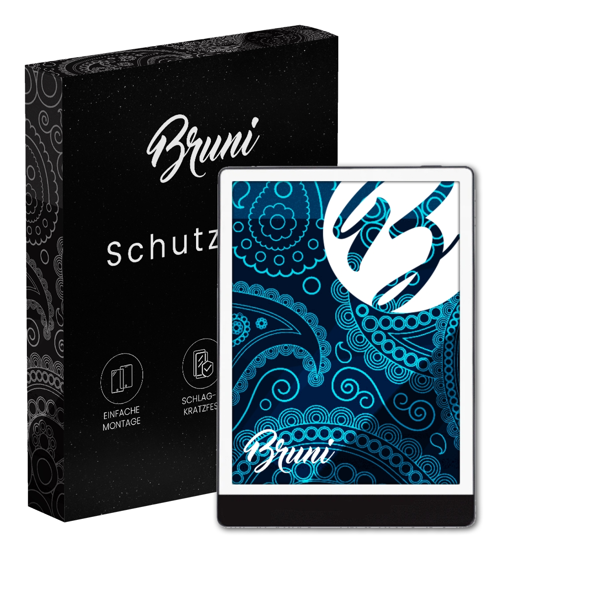 Schwarze Box mit Bruni Schutzfolie und Tablet. Tablet zeigt blaues Paisley-Muster.