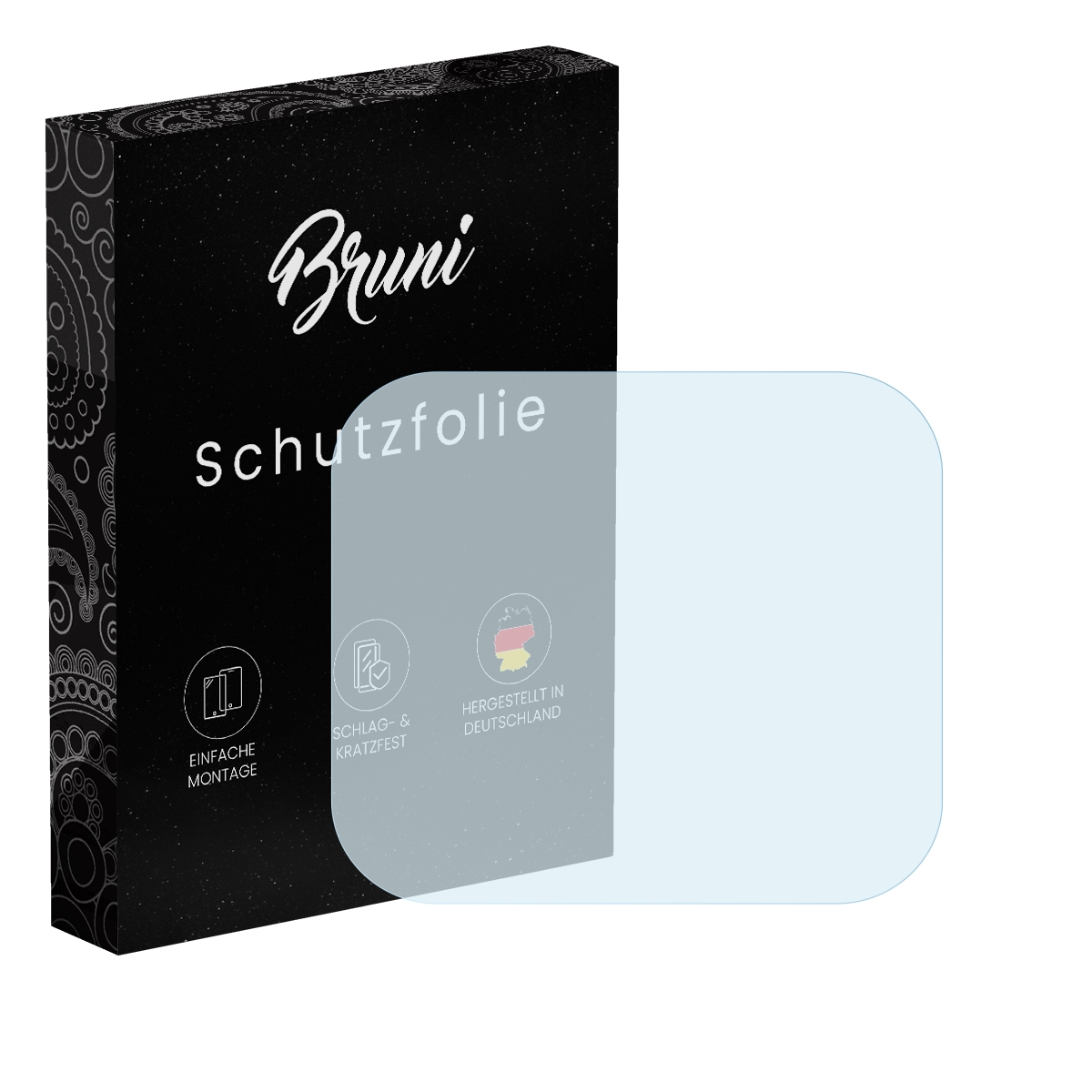 Schwarze Box mit Displayschutzfolie. Text: 'Bruni Schutzfolie'. Hergestellt in Deutschland. Rechteckig.