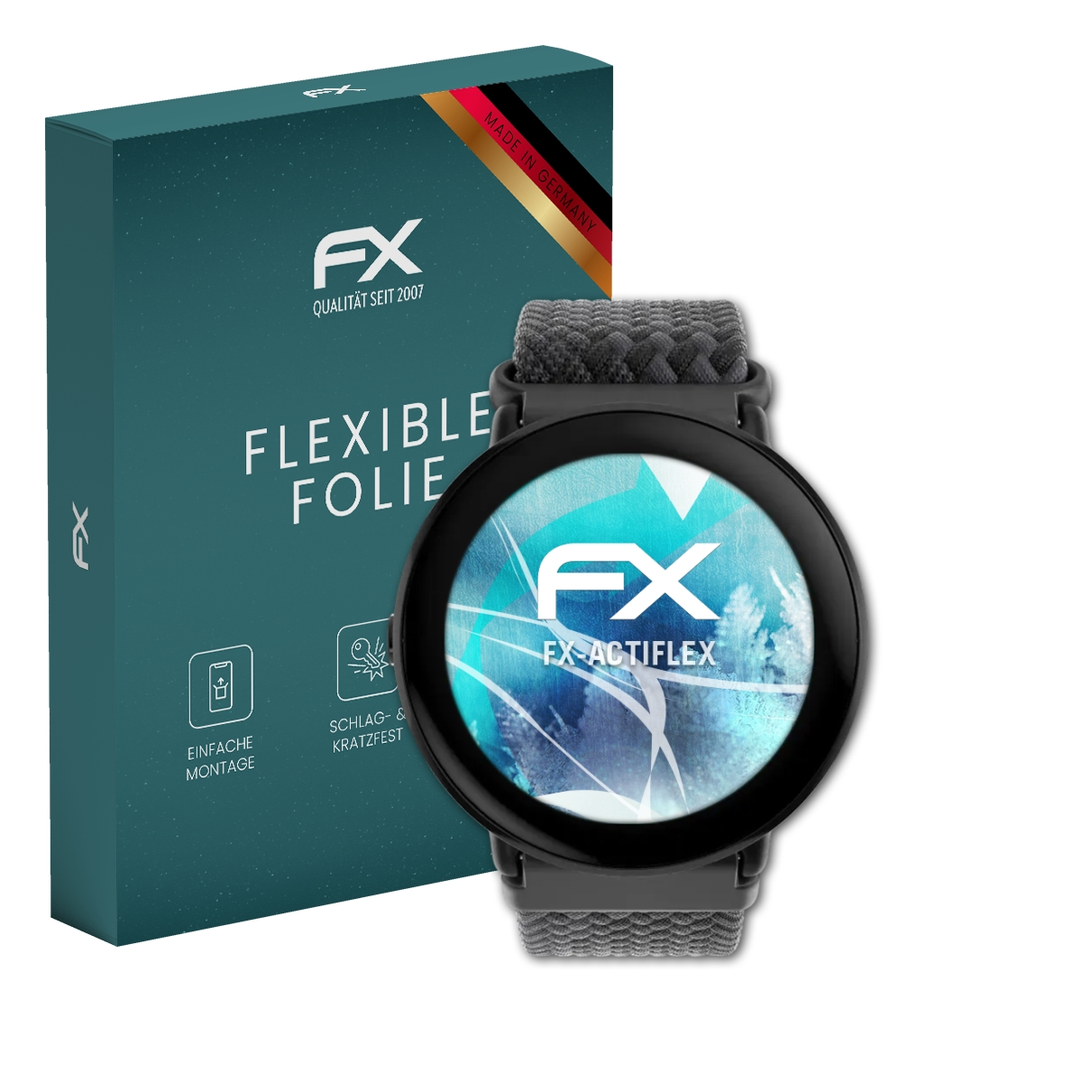 Grüne Box mit Uhr und Displayschutz. Text: FLEXIBLE FOLIE, FX-ACTIFLEX Logo.