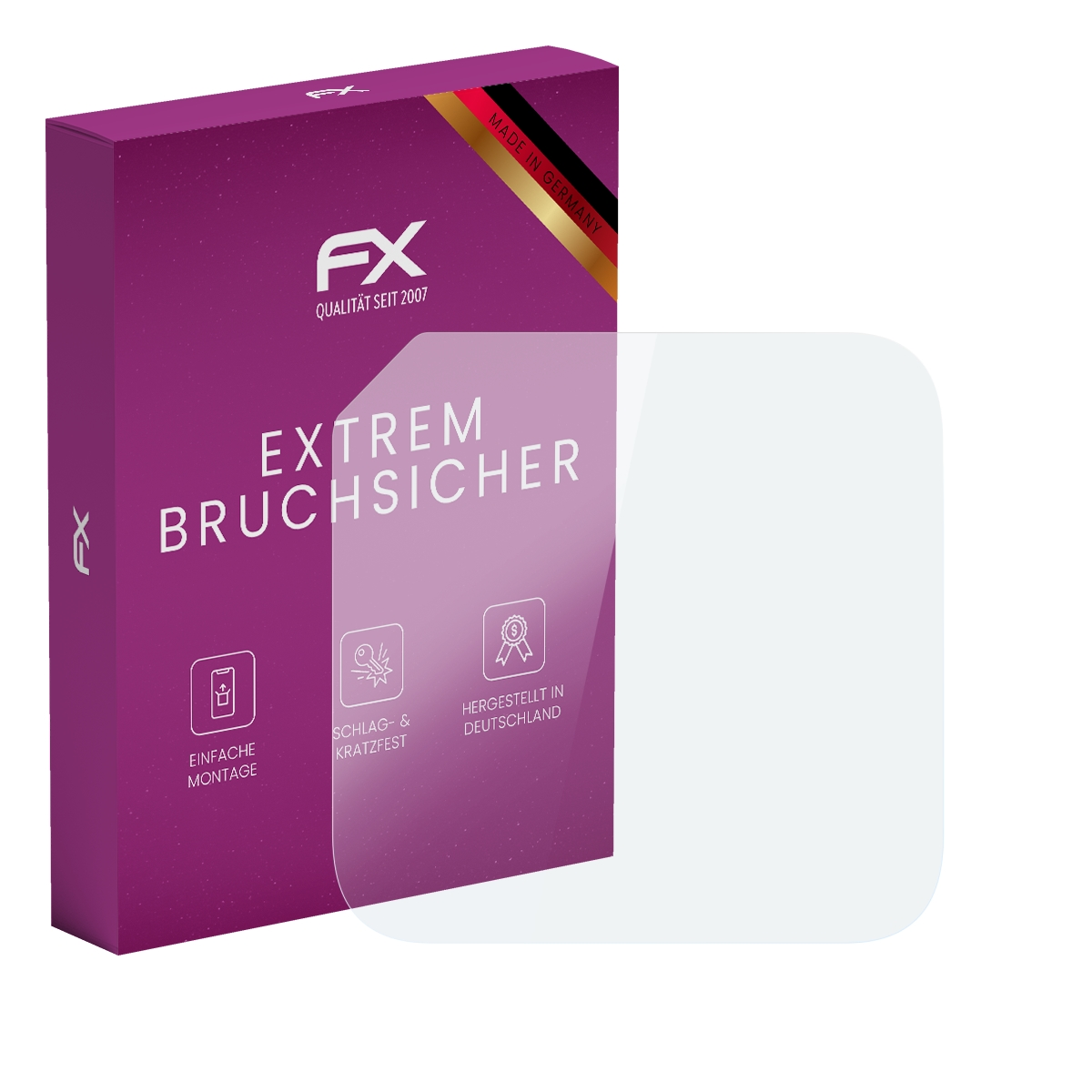Lila Schachtel mit FX-Logo und Displayschutz. Text: Extrem bruchsicher, einfache Montage, kratzfest, hergestellt in Deutschland.