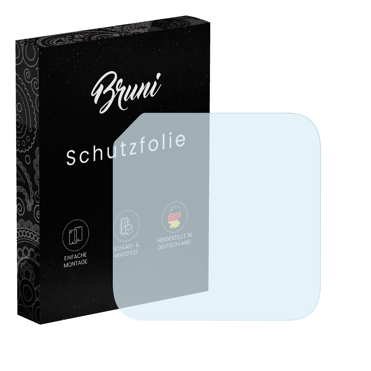 Schachtel 'Bruni Schutzfolie' und quadratische Schutzfolie.