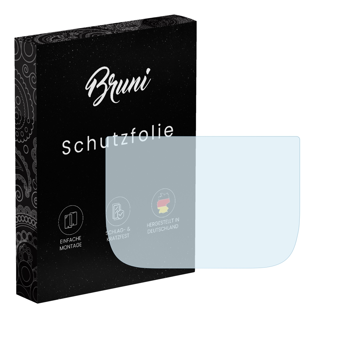 Schwarze Box mit Text 'Bruni Schutzfolie' und einer transparenten Schutzfolie.