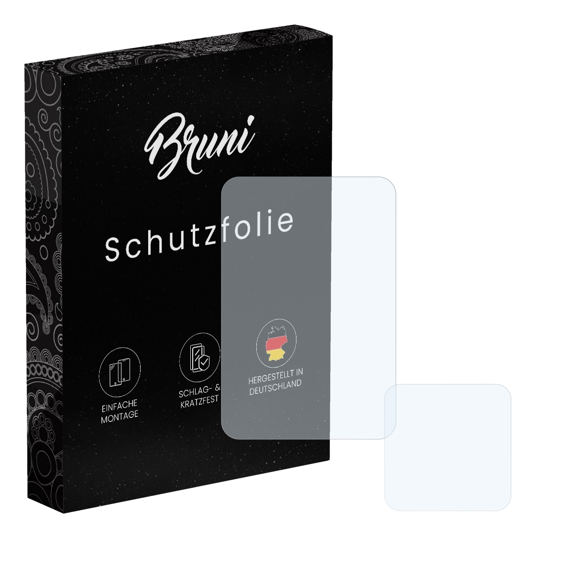 Schwarze Box mit Bruni-Text und zwei Displayschutzfolien. Beide sind transparent und rechteckig.