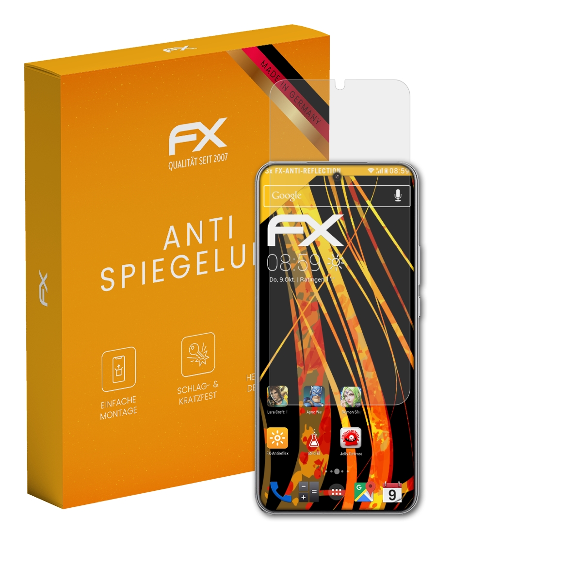 Orangefarbene Schachtel mit Telefon und Displayschutz. Telefon zeigt Symbole, Zeit. Deutscher Text.