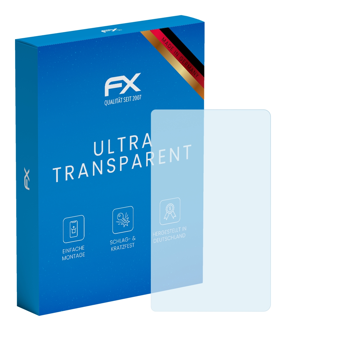 Displayschutzfolie und eine blaue Box mit FX-Text und Logo.