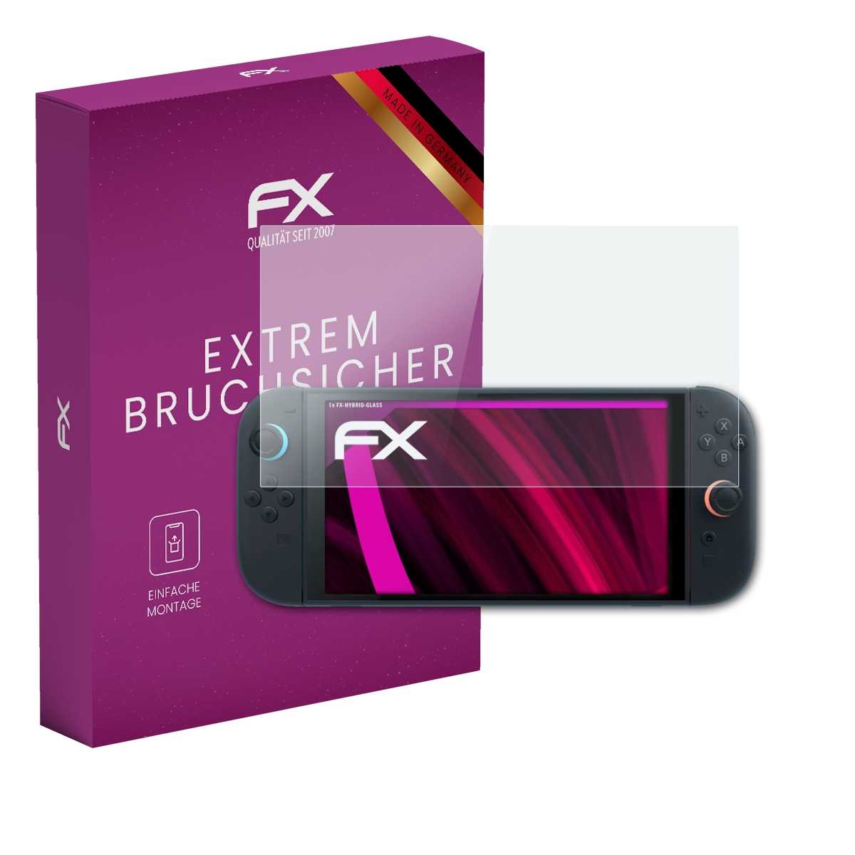Eine lila Schachtel und ein transparenter Displayschutz. Die Schachtel trägt das Wort FX. Der Schutz ist vor einer Konsole.