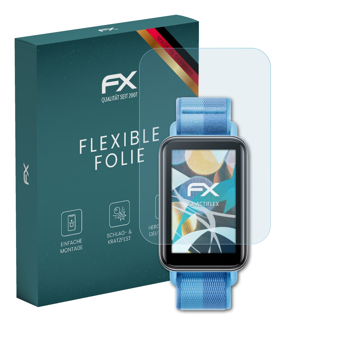 Blaue Schachtel 'Flexible Folie' mit Smartwatch und klarer Displayschutzfolie. Hergestellt in Deutschland.