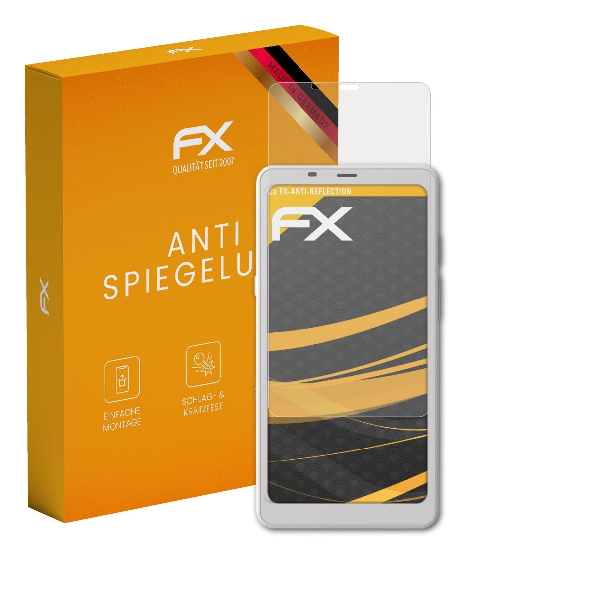 Box mit Displayschutz, Telefon und Text 'ANTI SPIEGELUNG'. Der Schutz bedeckt teilweise den Bildschirm.