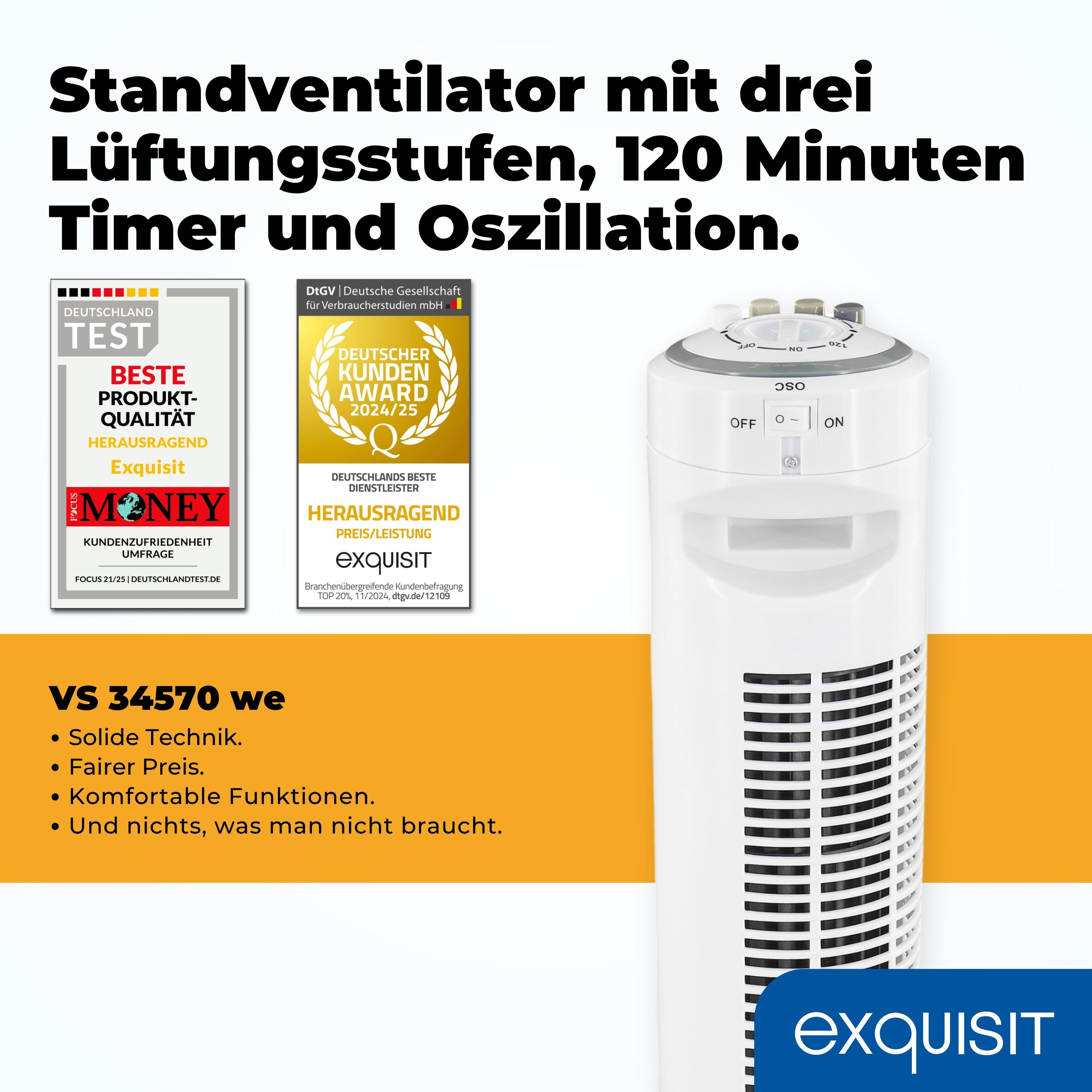 Weißer Turmventilator mit Auszeichnungen und Text. Funktionen umfassen 3 Geschwindigkeiten, 120-Minuten-Timer und Oszillation.