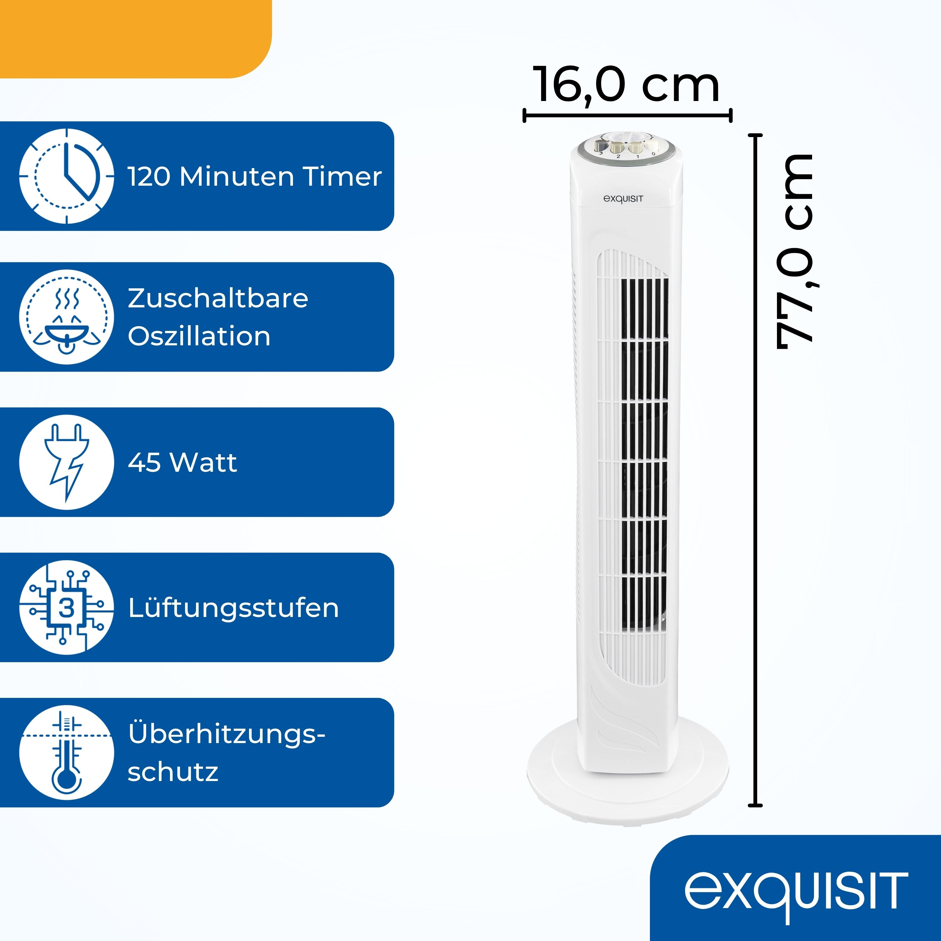 Weißer Turmventilator mit Bedienfeld, das Timer, Oszillation, 45W, Luftstrom und Überhitzungsschutz zeigt. Abmessungen.