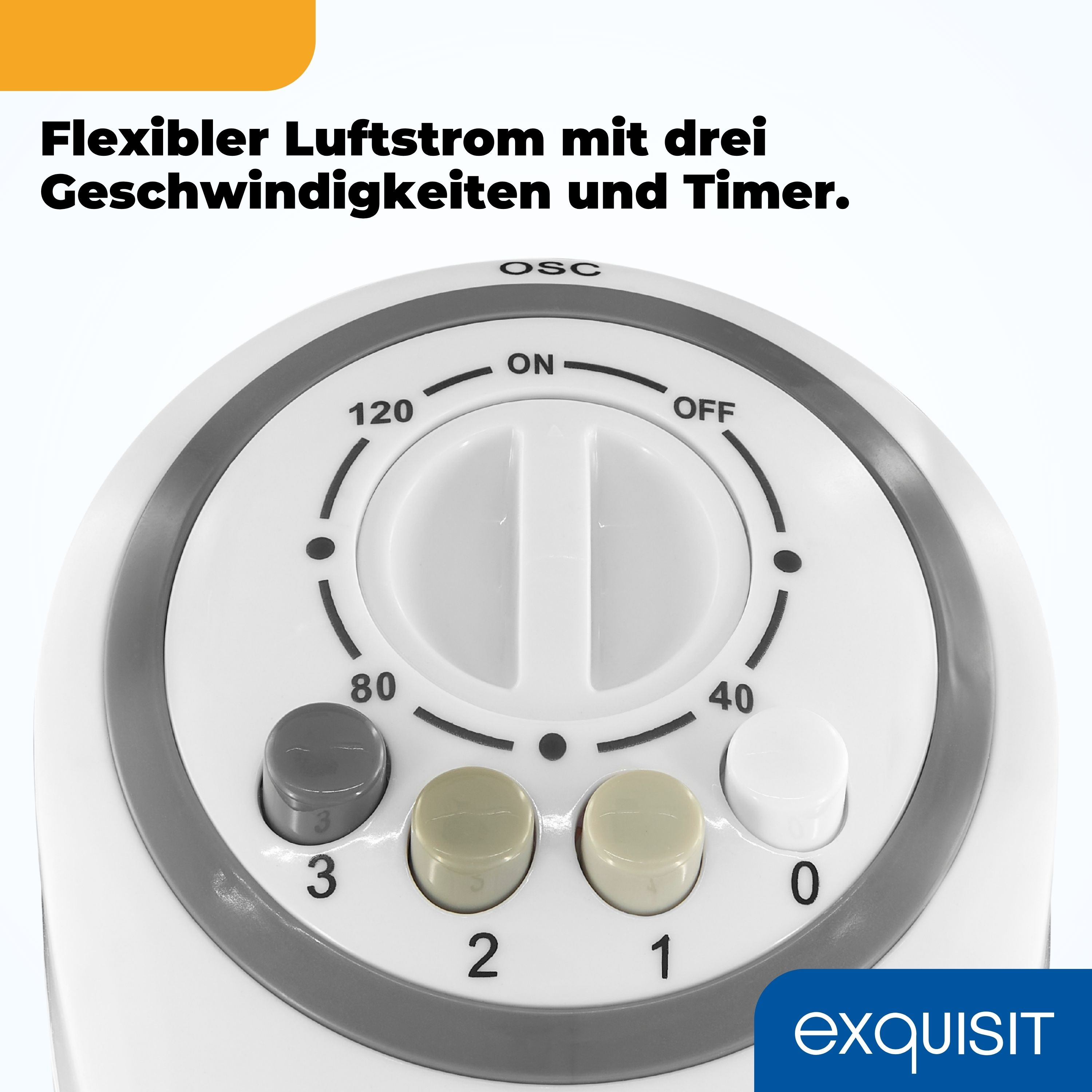 Nahaufnahme eines Lüfterbedienfelds mit Timer-Drehrad und drei Geschwindigkeitseinstellungen, alles auf weißem Grund.