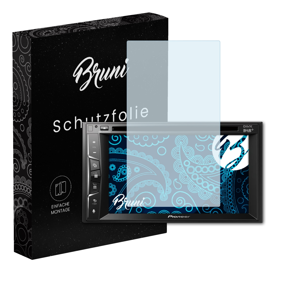 Schwarze Box mit deutschem Text, Autoradio und transparenter Displayschutzfolie.