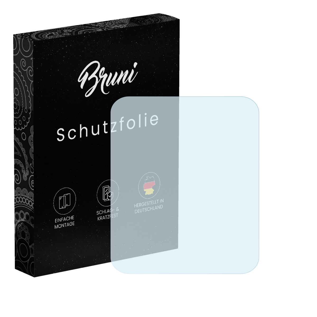Schwarze Box mit Displayschutz. Text: Bruni Schutzfolie, Icons, Made in Germany. Folie klar, quadratisch.