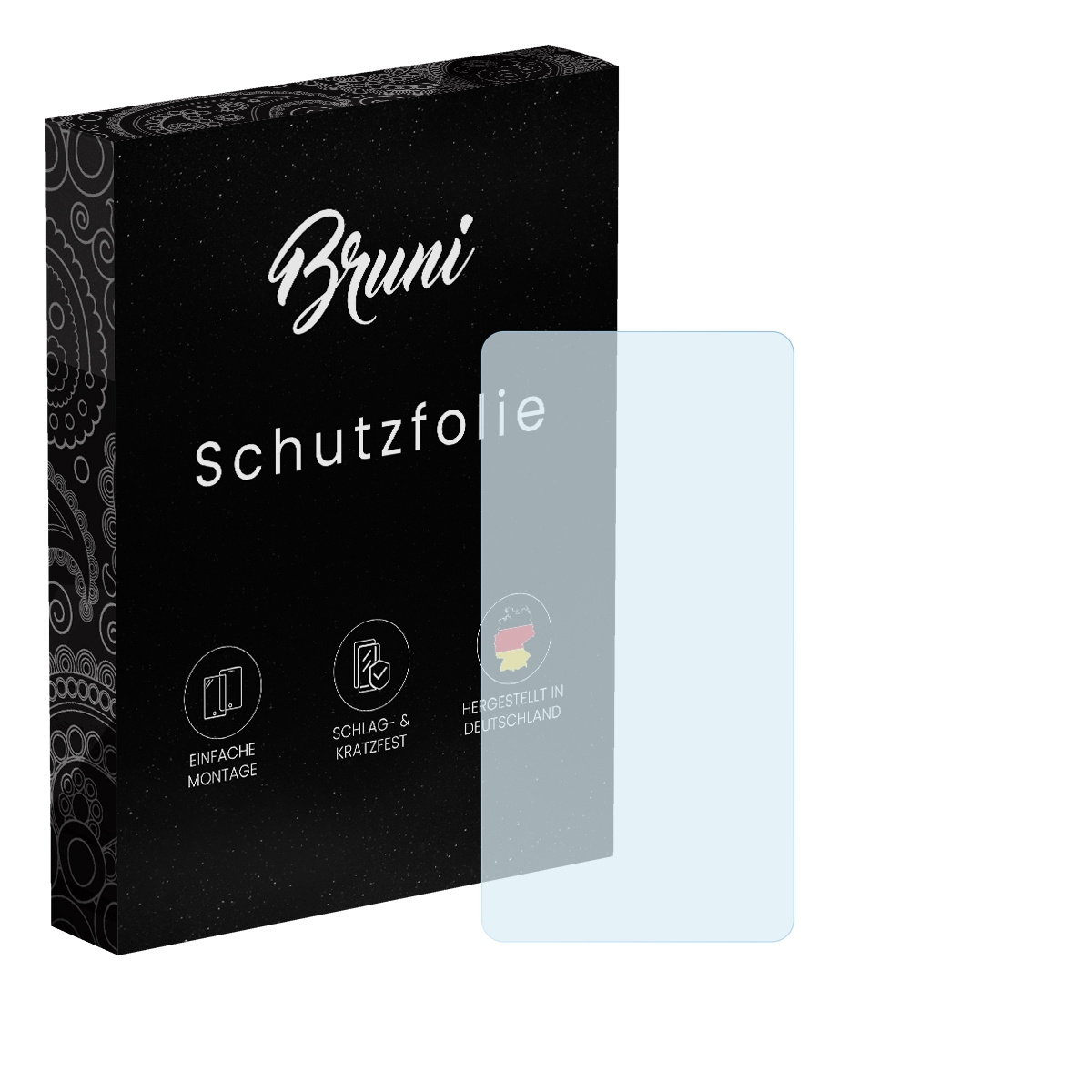 Schachtel mit Bruni Schutzfolie und Displayschutzfolie. Text und Symbole auf der Schachtel. Die Folie ist transparent.