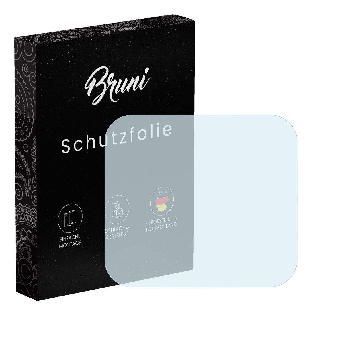 Schwarze Box und Displayschutzfolie mit den Wörtern 'Schutzfolie' und 'Hergestellt in Deutschland'.