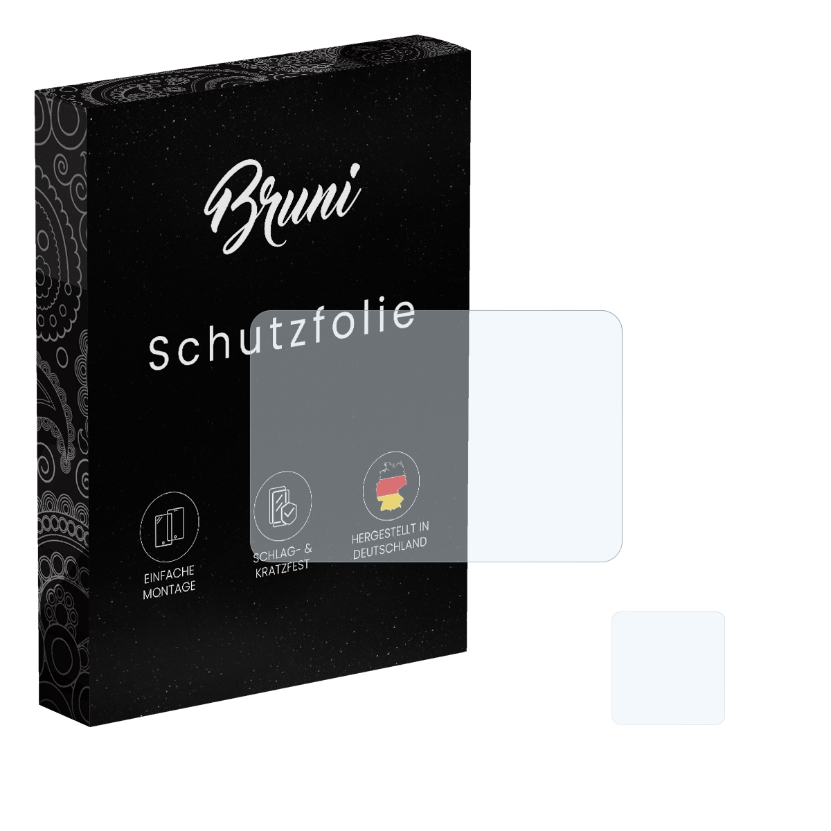 Eine schwarze Schachtel mit der Marke Bruni und einem Displayschutz, hergestellt in Deutschland.
