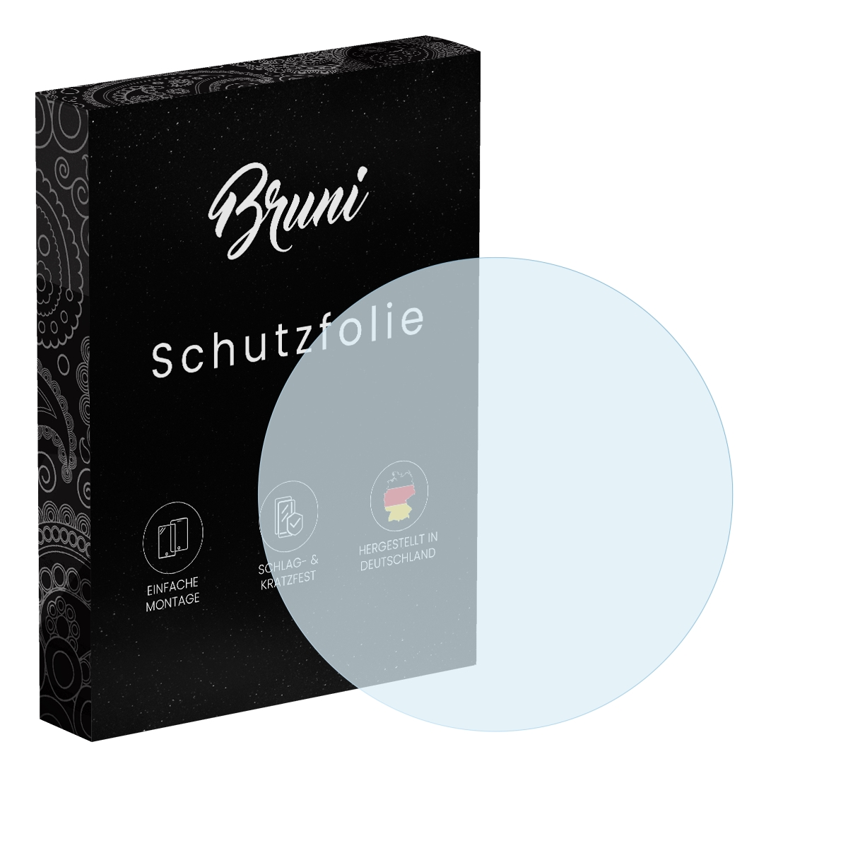 Schwarze Box mit 'Bruni Schutzfolie' und rundem Displayschutz. Hergestellt in Dtld.