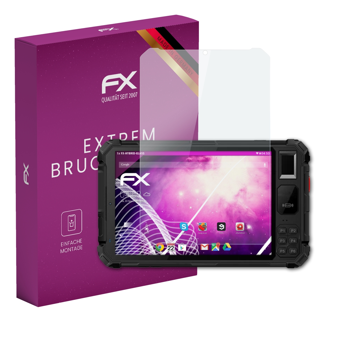 Lila Box mit Folie und Tablet. Text: 'EXTREM BRUCHSICHER'.