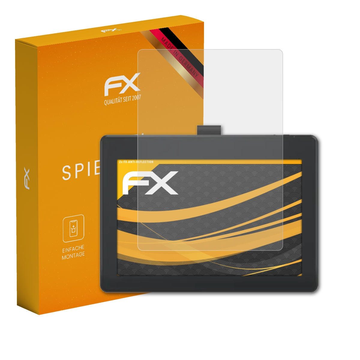 Orange Box mit Displayschutzfolie und Tablet. Texte: 'ANTI SPIEGEL', 'FX'. Tablet-Bildschirm sichtbar.