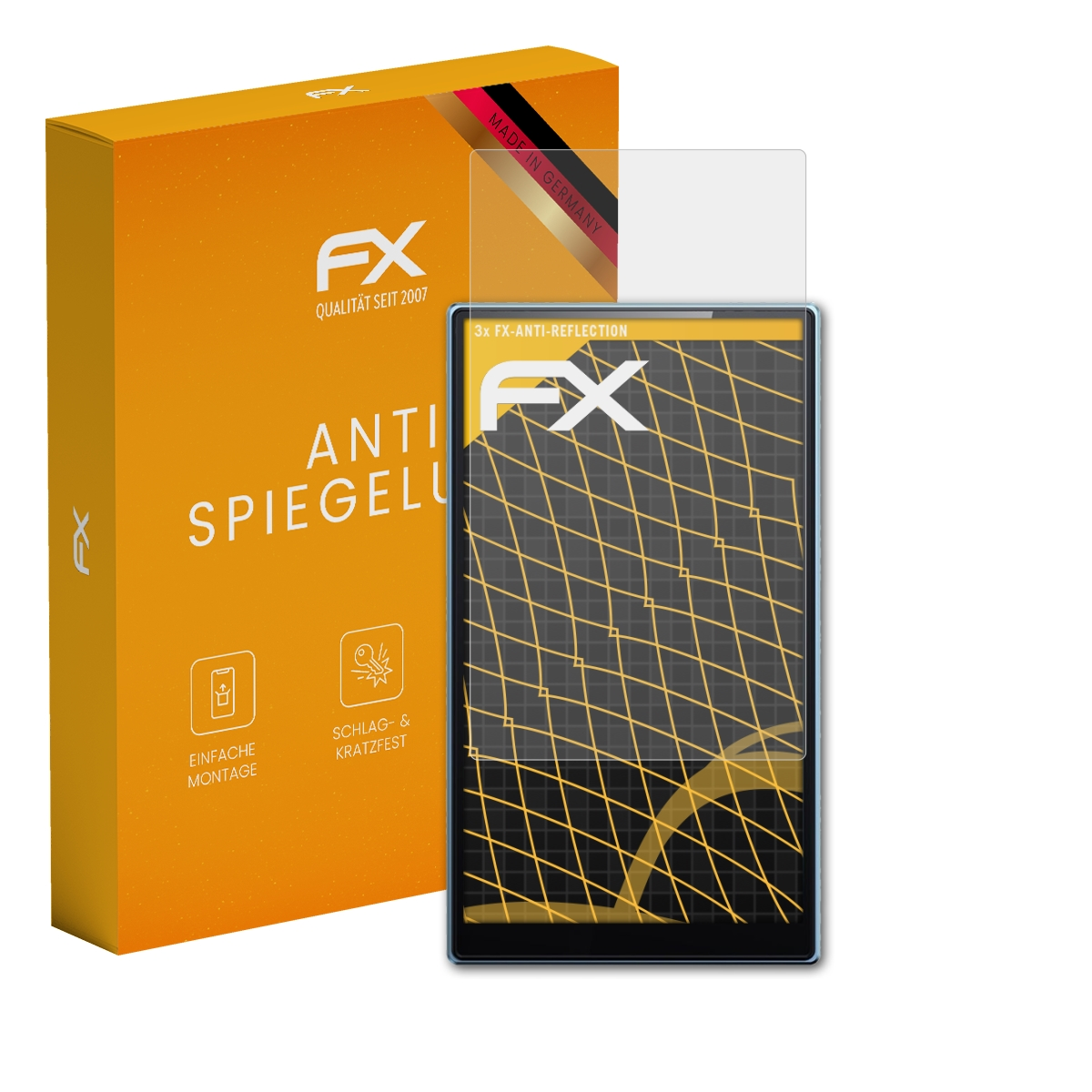 Eine orangefarbene Box mit Displayschutzfolie. Text: Anti Spiegelung. Icons. Made in Germany. Über dem Handy.