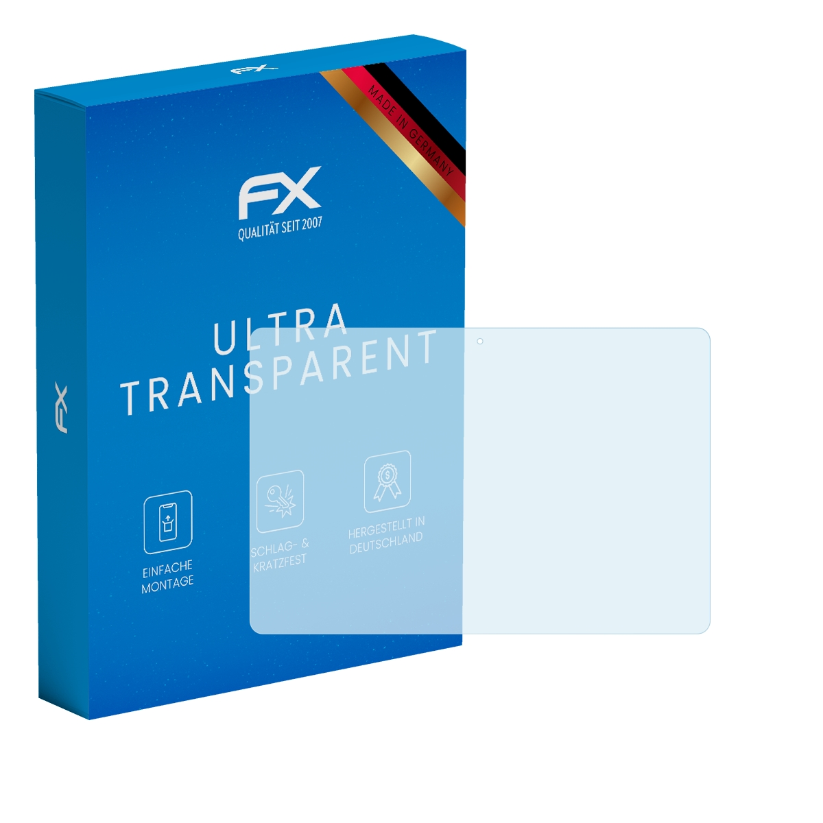 Blaue Box mit 'ULTRA TRANSPARENT' Text, und transparente Displayschutzfolie. 'Made in Germany'.
