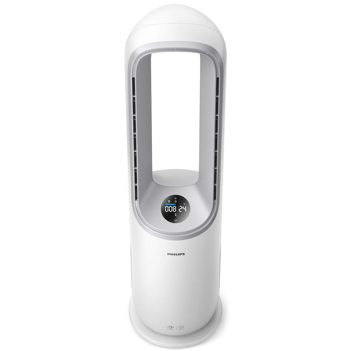 Weißer Turmventilator. Digitalanzeige zeigt 008.24. Philips Logo.