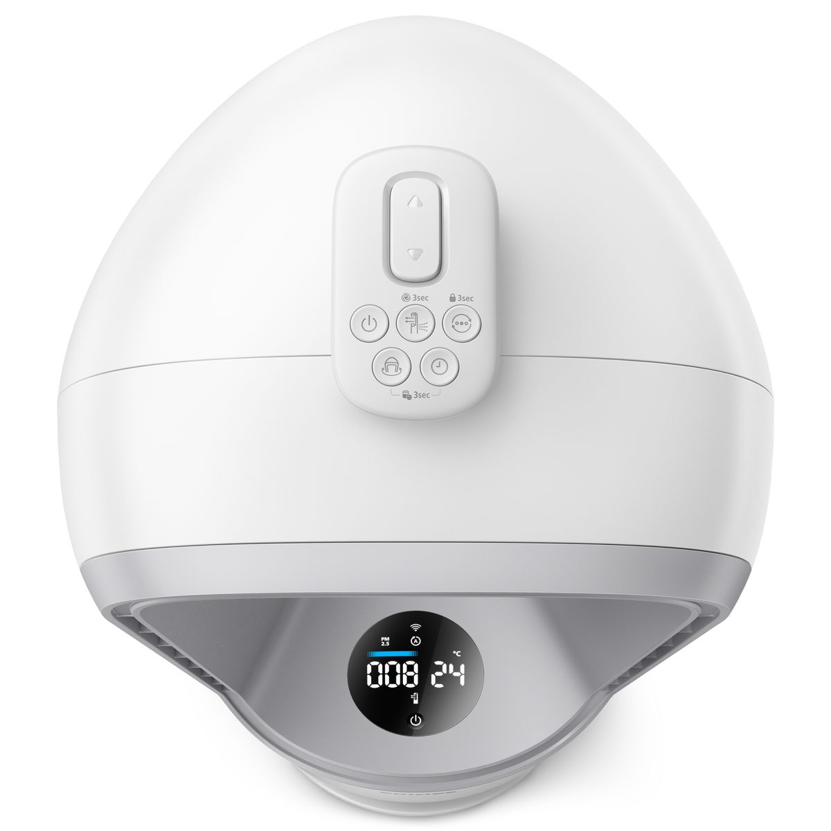Weißer Philips Luftreiniger. Digitalanzeige zeigt 008.24 und Temperatur. Knöpfe.