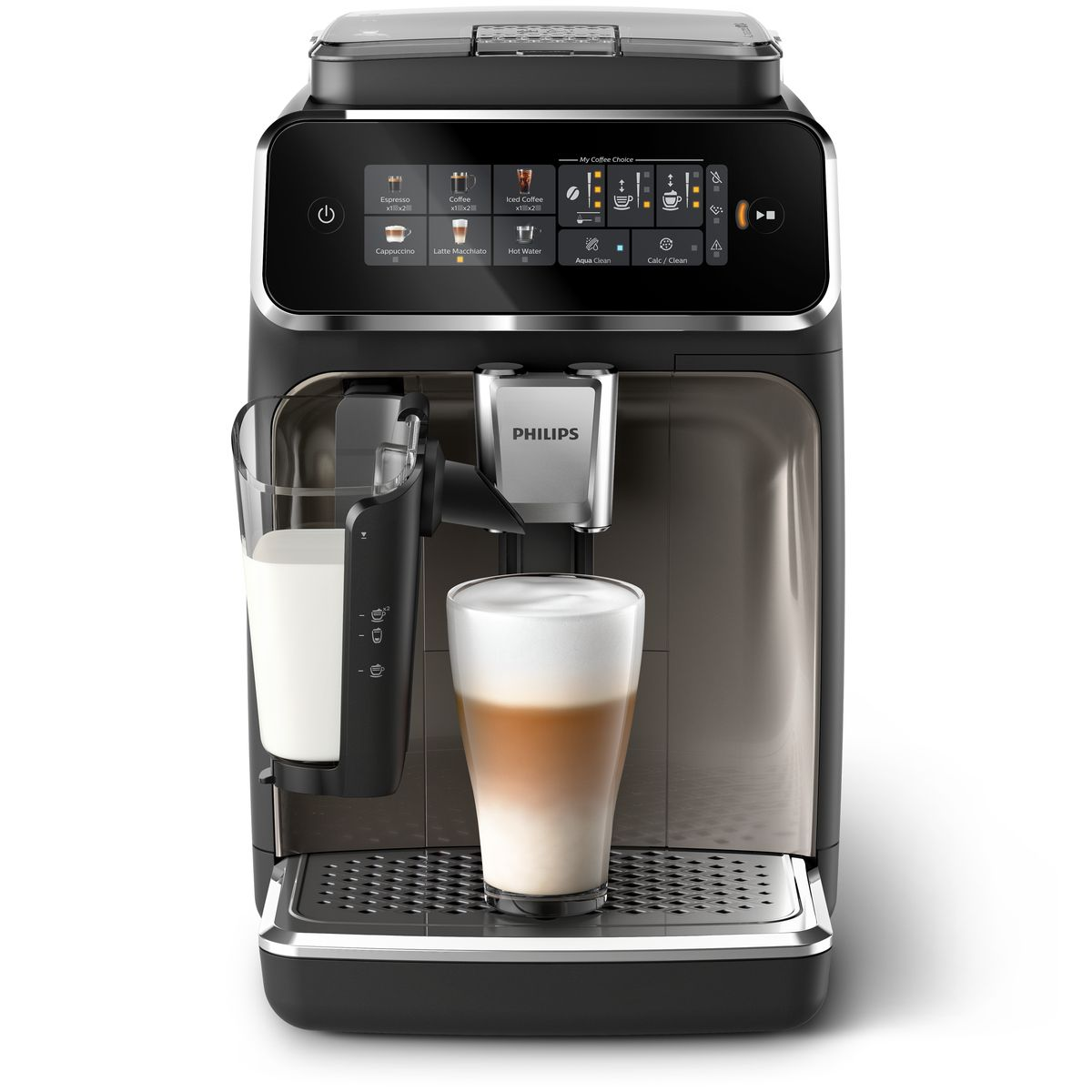 Schwarze Philips Kaffeemaschine mit Milchbehälter, Latte Macchiato wird zubereitet. Touchscreen.