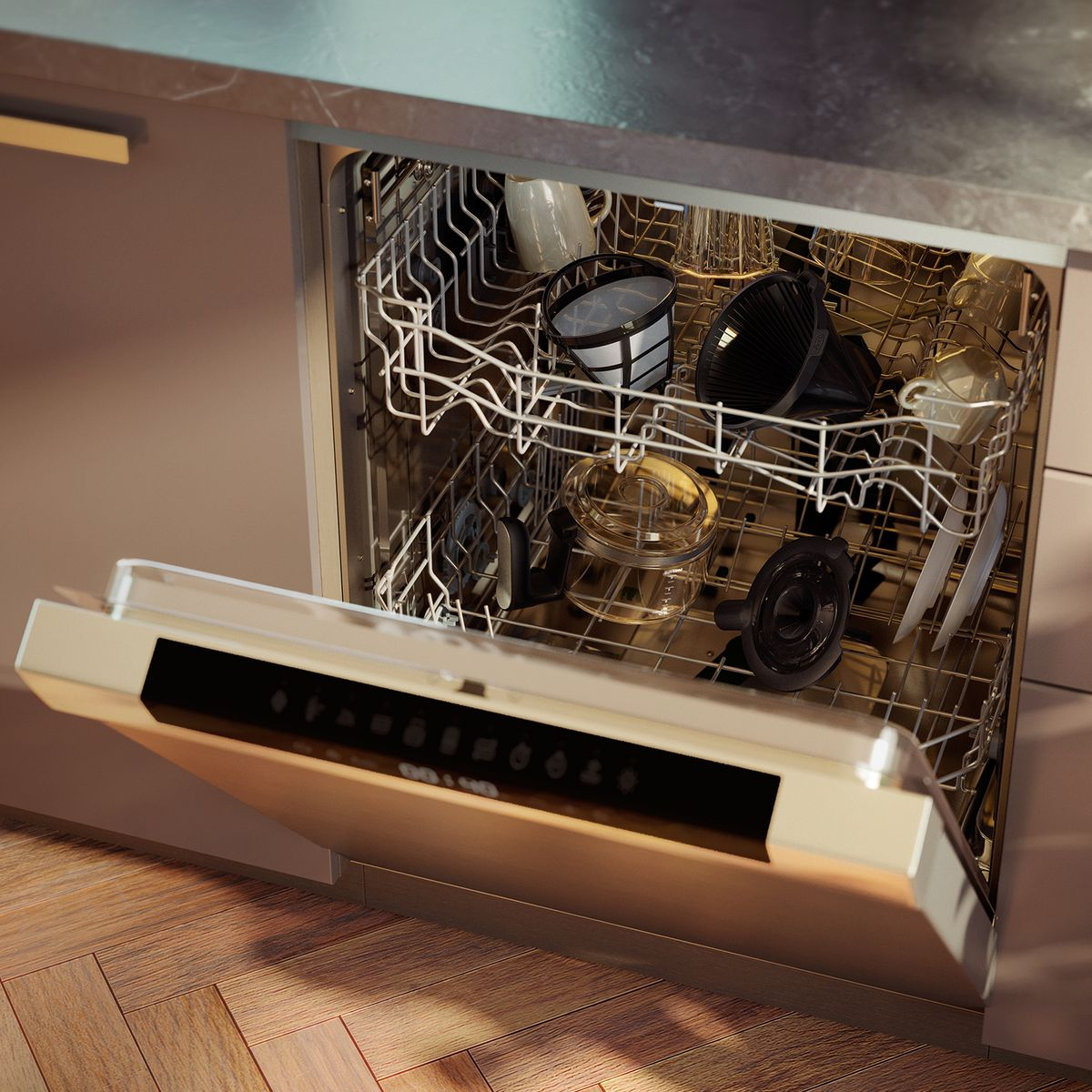 Zmywarka z otwartymi drzwiami, pokazująca naczynia, szklanki i sztućce w środku. Wnętrze ze stali nierdzewnej.