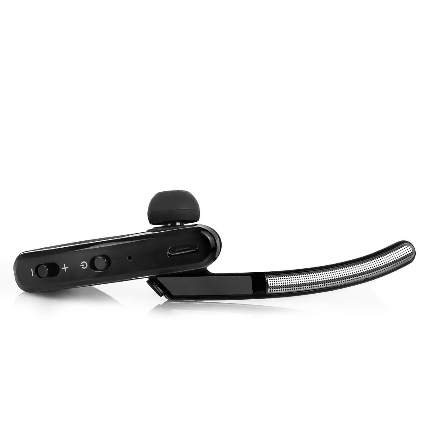 Cuffia Bluetooth nera con un design curvo. Presenta un piccolo auricolare e un braccio microfonico.