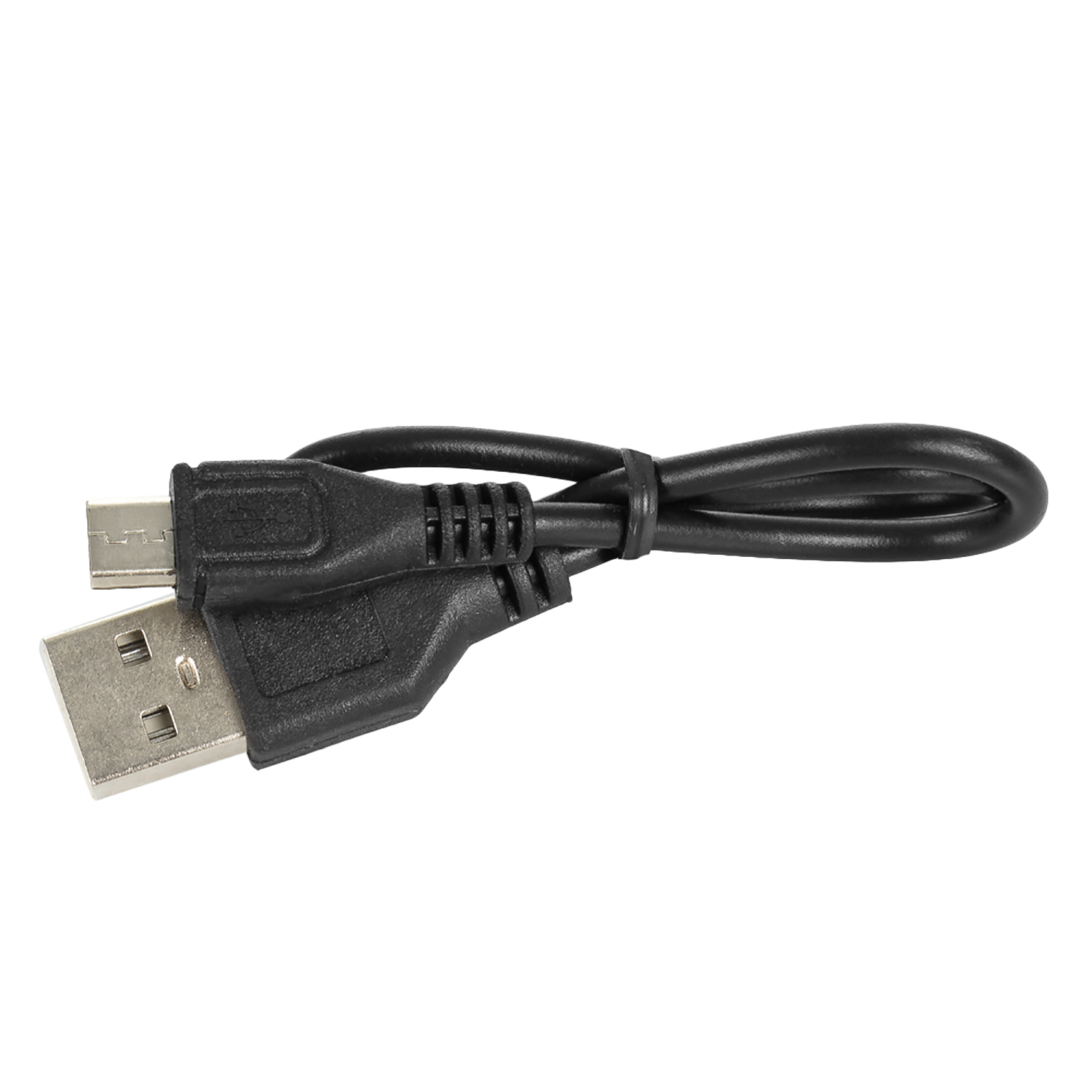 Cavo USB con due connettori: un USB standard e un micro-USB. Il cavo è nero, con un nodo.