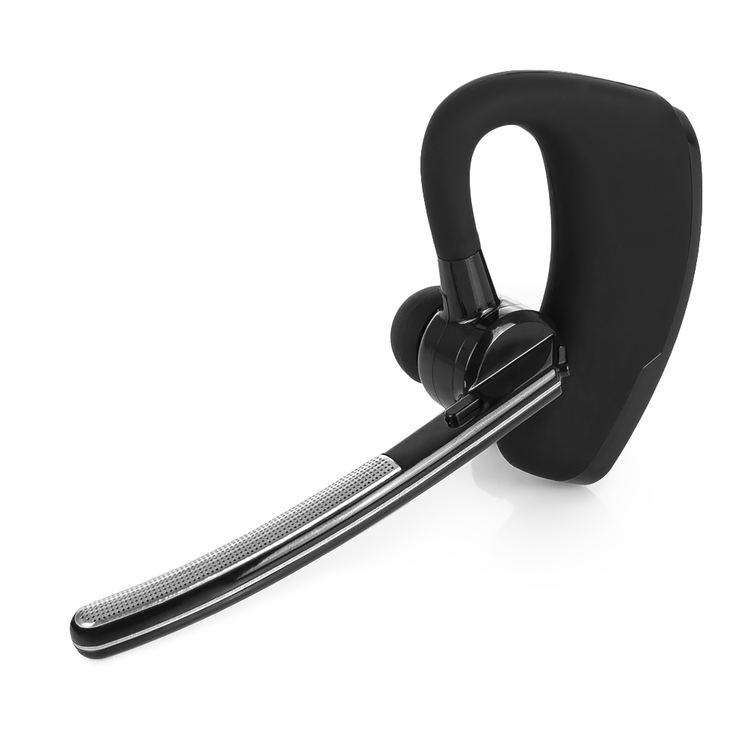 Cuffia Bluetooth nera con un design curvo. Presenta un piccolo auricolare e un braccio microfonico.