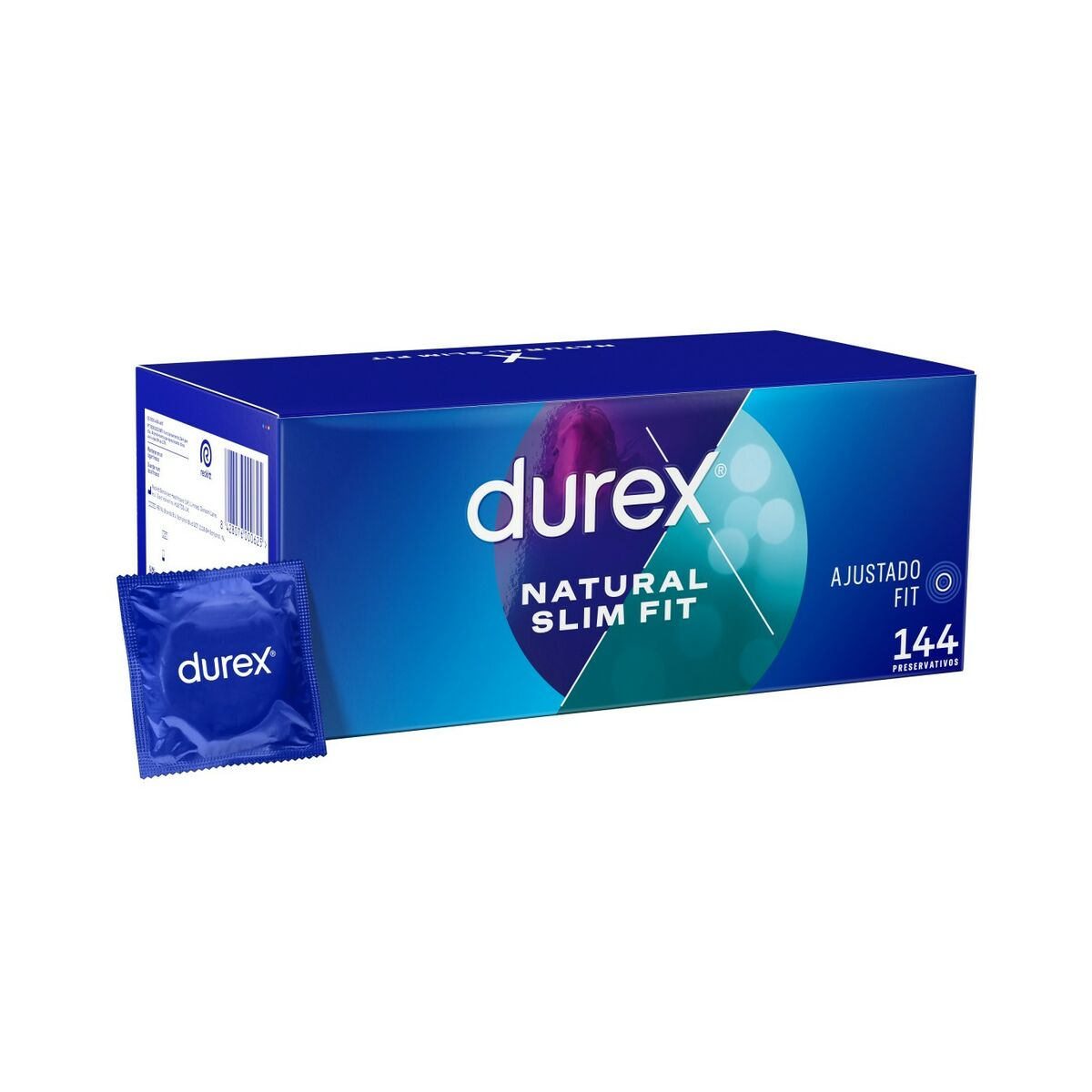 Eine blaue Durex-Box mit Kondomen. Das Paket enthält eine einzelne Kondompackung in einer blauen Hülle.