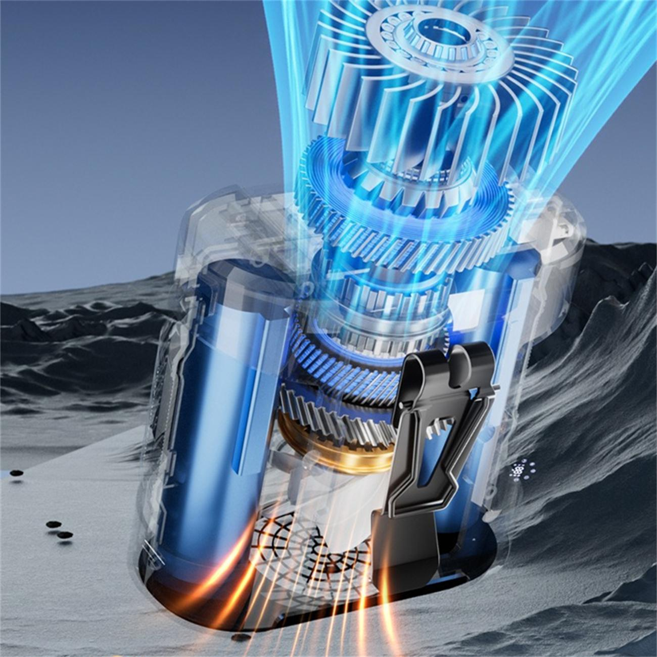 Transparentes Gerät mit blauen Zahnrädern und Lichtlinien vor dunklem, felsigem Hintergrund.