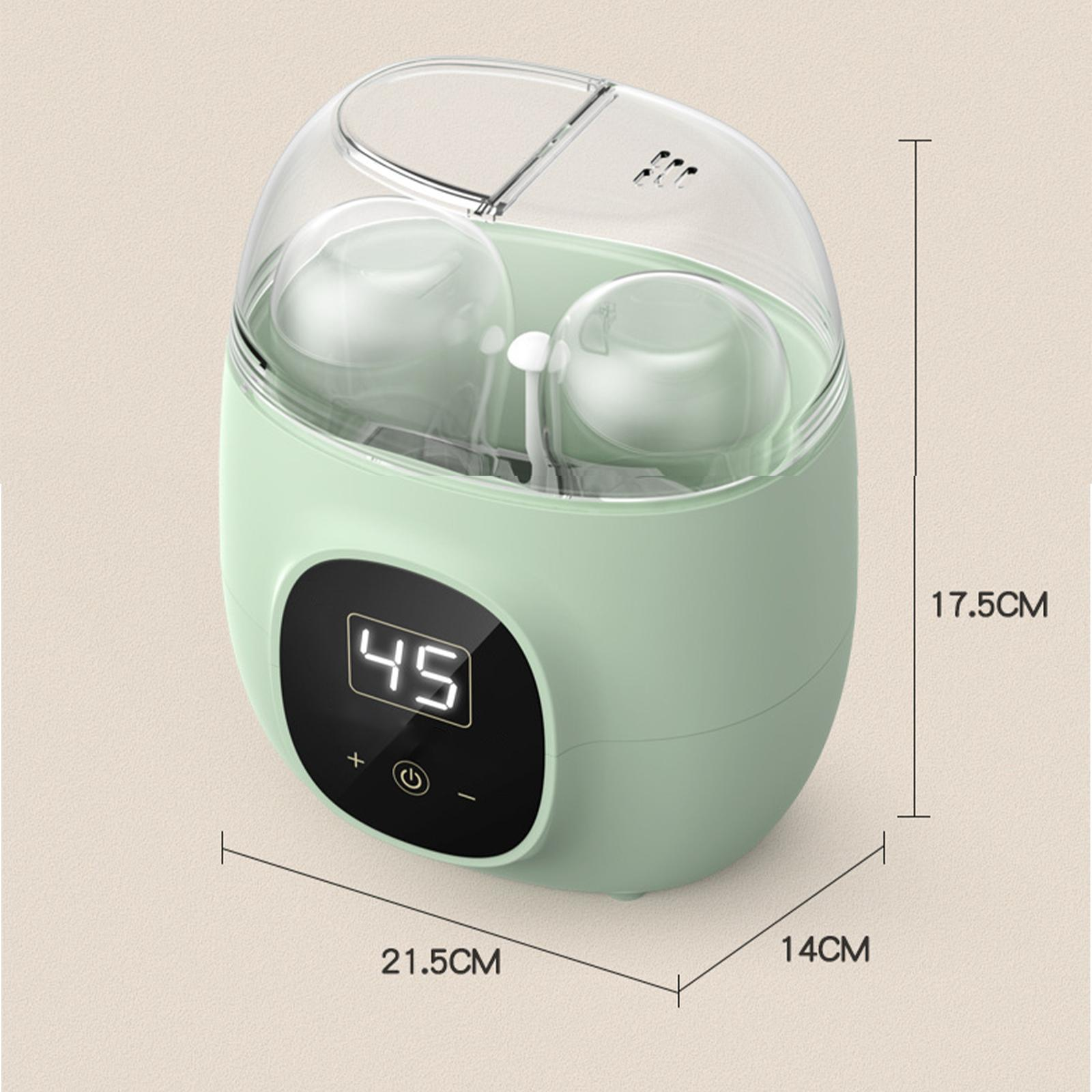 Ein Babyflaschensterilisator, grün und weiß, mit digitaler Anzeige. Maße sind sichtbar.