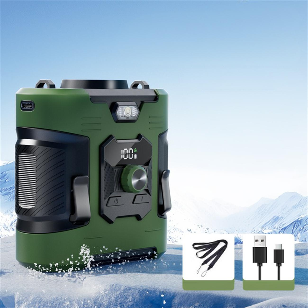 Schwarz-grünes Gerät mit Anzeige 100%. Schnee- und Eis-Hintergrund, Zubehör unten.