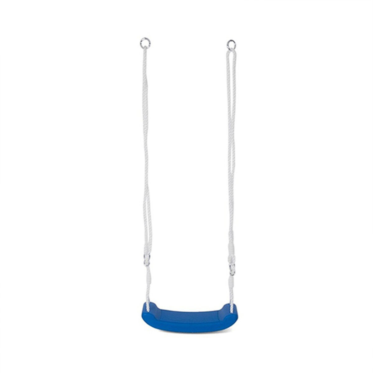 Un'altalena blu è appesa a corde bianche e anelli argentati. Lo sfondo è bianco.
