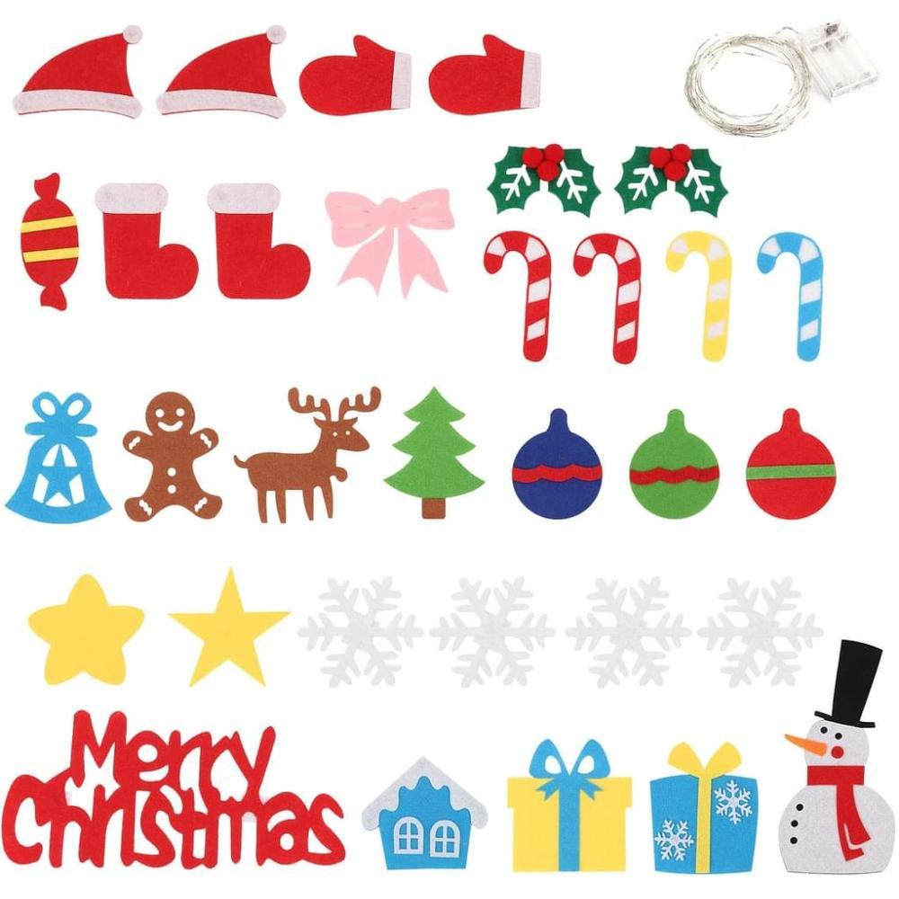 Weihnachtsdekorationen: Mützen, Fäustlinge, Zuckerstangen, Ornamente, Schneeflocken, Schneemann, Geschenke, Merry Christmas.