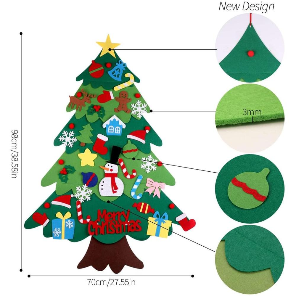Ein Weihnachtsbaum aus Filz mit Ornamenten wie Schneemann, Geschenken und Sternen. Text: Frohe Weihnachten. Neue Designdetails.