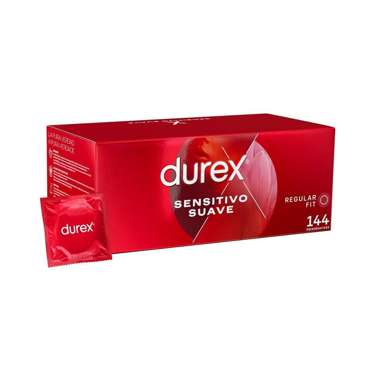 Auf weißem Hintergrund befinden sich eine rote Durex-Box und eine Kondompackung. Auf der Box steht 'Sensitivo Suave' und 'Regular Fit'.
