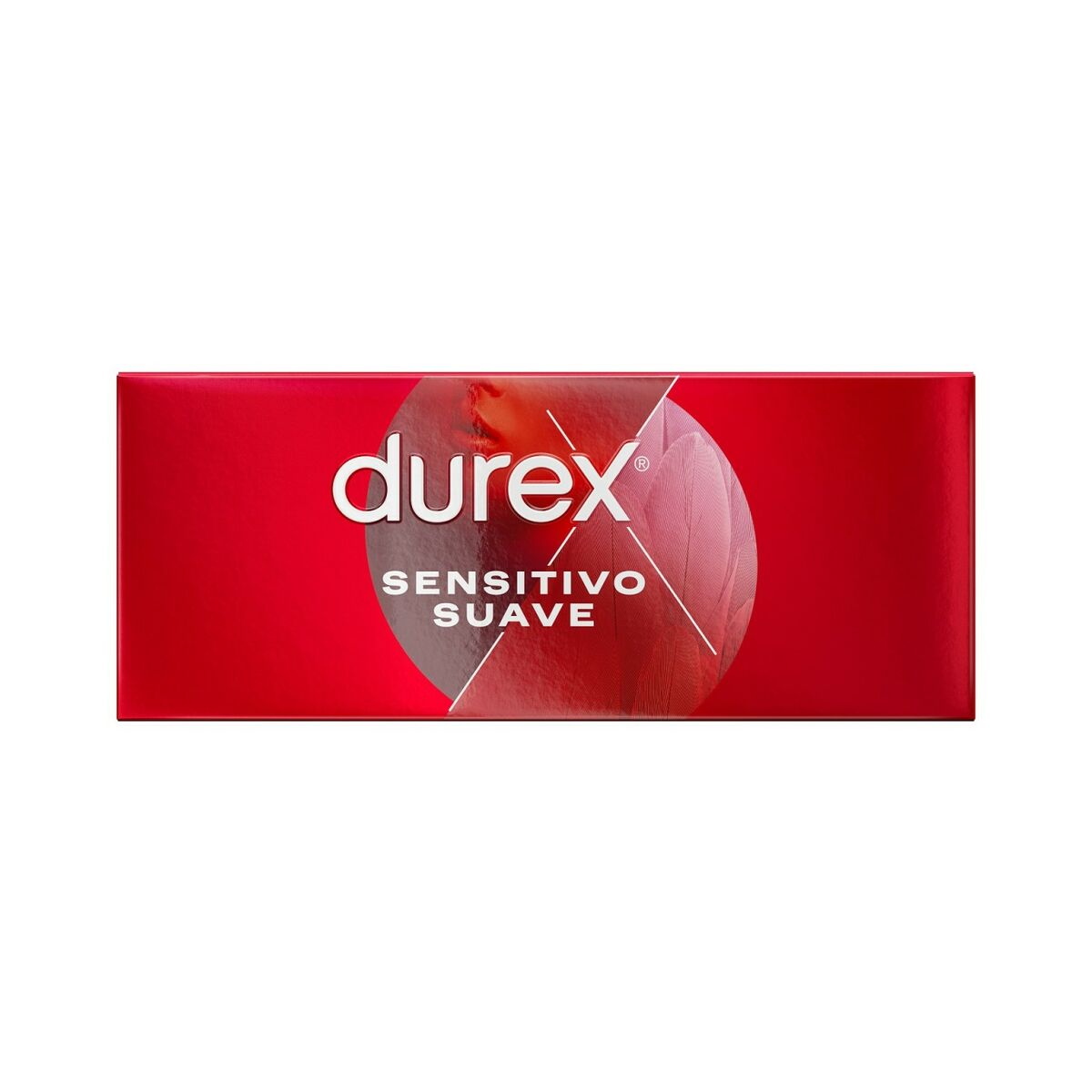 Rote Durex-Box mit weißem Text und Federdesign. Text lautet 'durex', 'Sensitivo Suave'.
