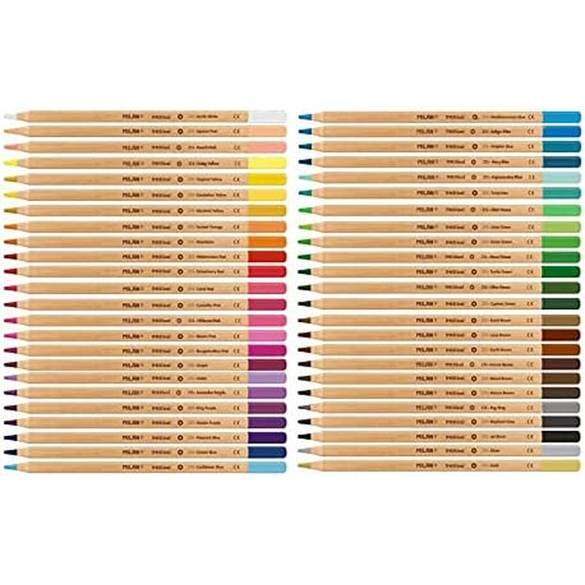 Satz Buntstifte in Holzgehäusen, verschiedene Farben sind sichtbar.
