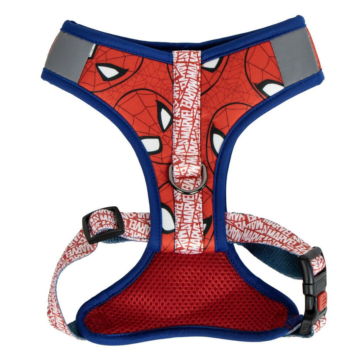 Ein rot-blaues Spiderman-Hundegeschirr mit Spiderman-Logo.