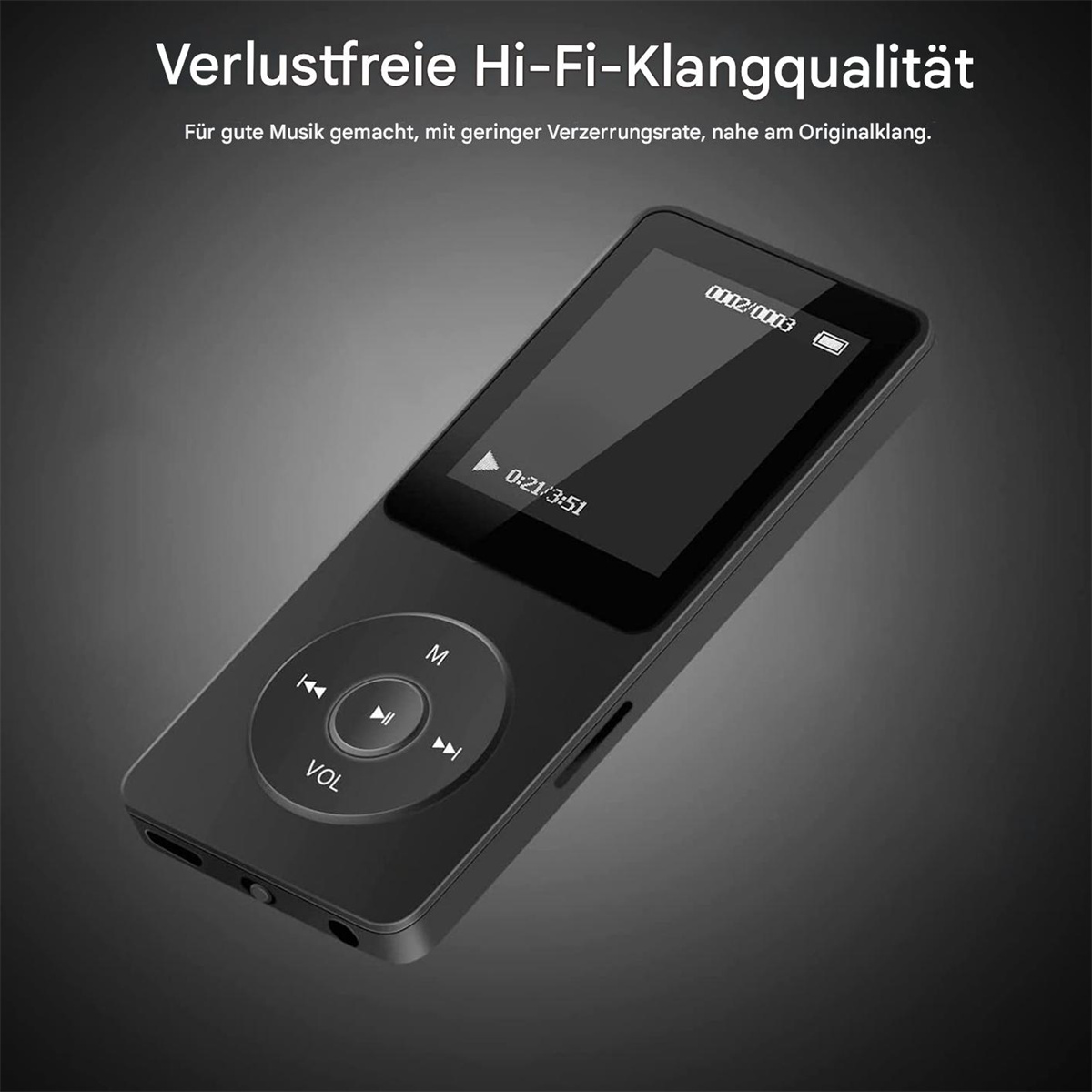 Ein schwarzer digitaler Musikplayer mit Bildschirm und Knöpfen. Der Bildschirm zeigt Zeit und Akku.