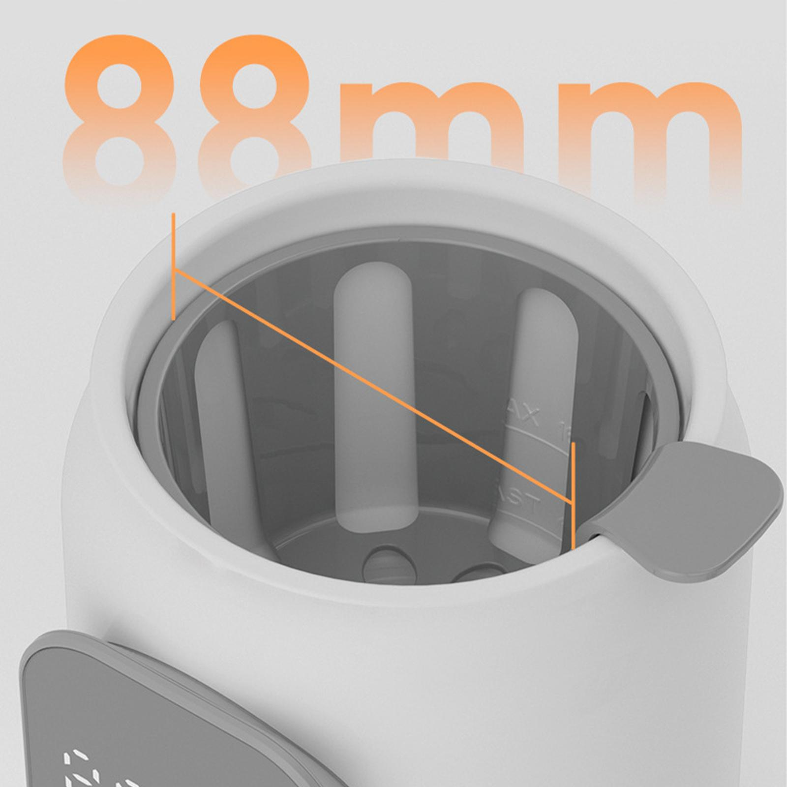 Nahaufnahme eines Babyflaschenwärmers. Die Innenseite ist sichtbar, und der Text "88mm" steht oben.