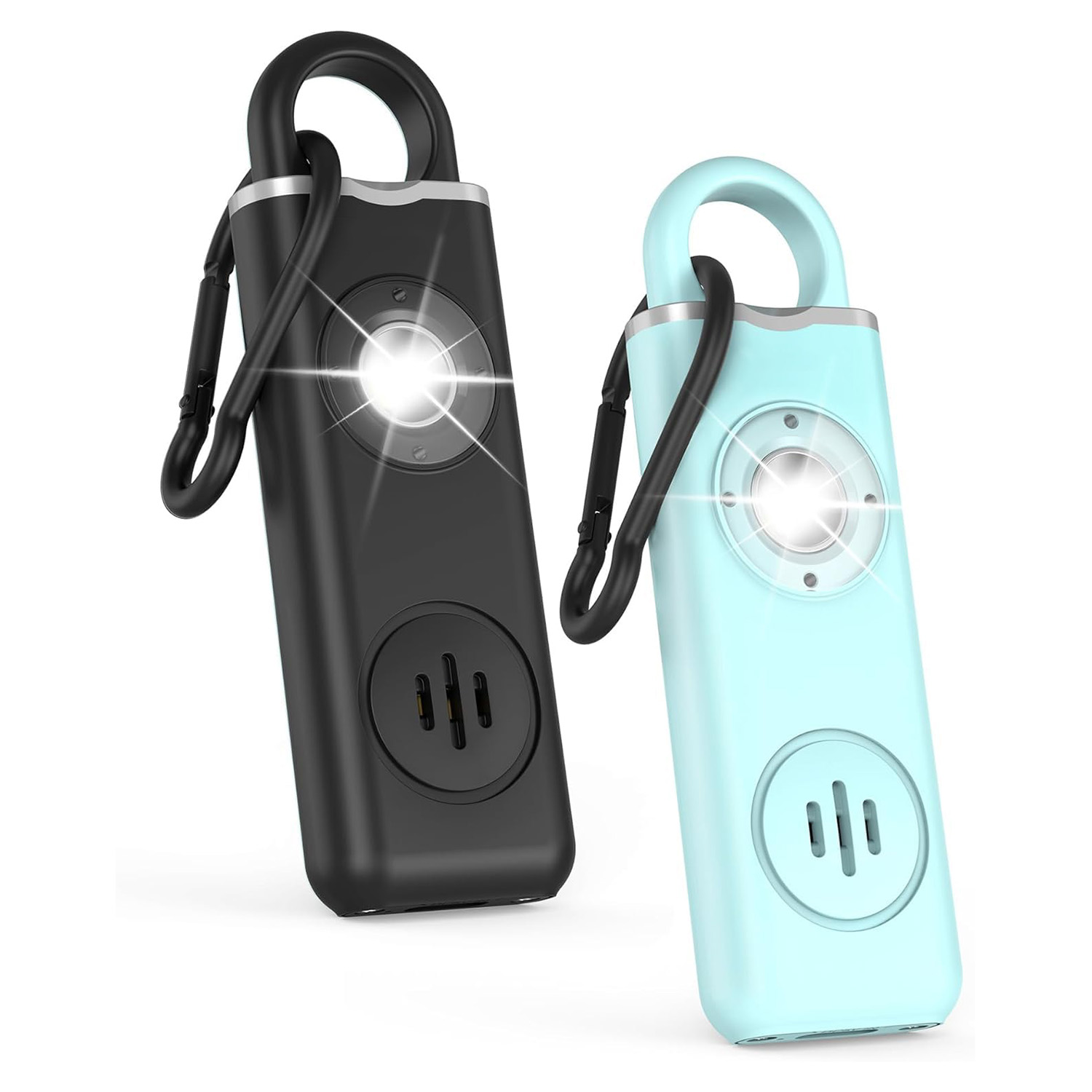 Zwei schwarze und blaue Personenalarme. Beide haben Taschenlampen und Schlüsselanhänger.