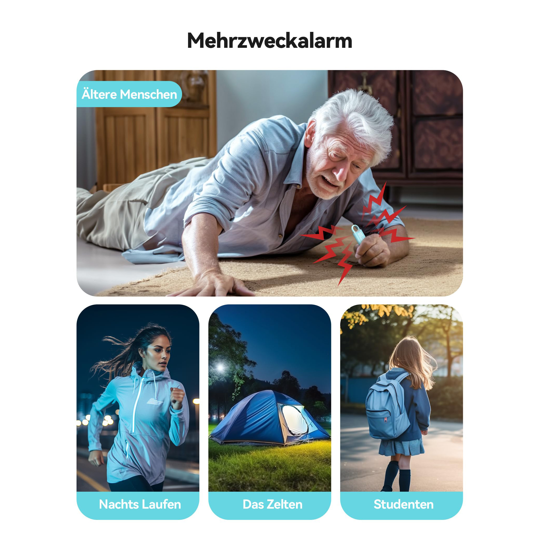 Ein älterer Mann, der sich vor Schmerz hinlegt, und andere Bilder von Menschen.