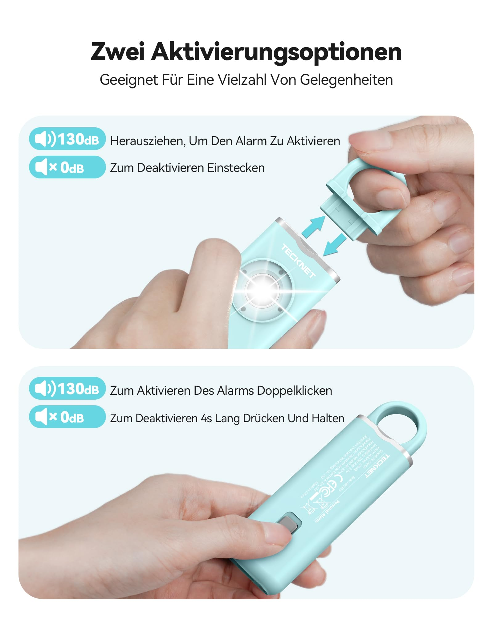 Zwei Möglichkeiten zur Aktivierung eines mintfarbenen Personenalarms, mit Diagrammen und Text.