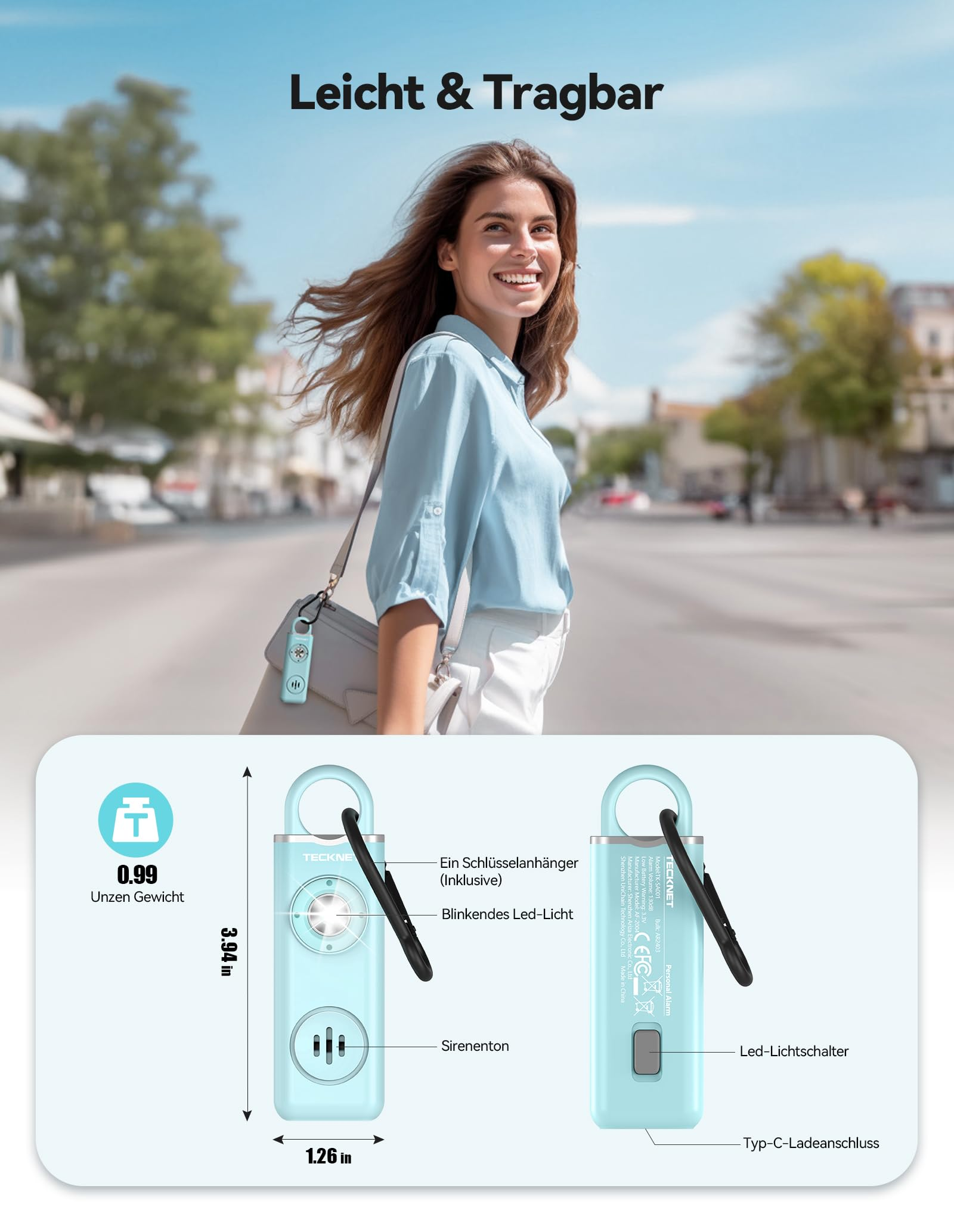 Eine Frau mit einem hellblauen Alarm, die einen hellblauen persönlichen Alarm mit einem Schlüsselanhänger hält.
